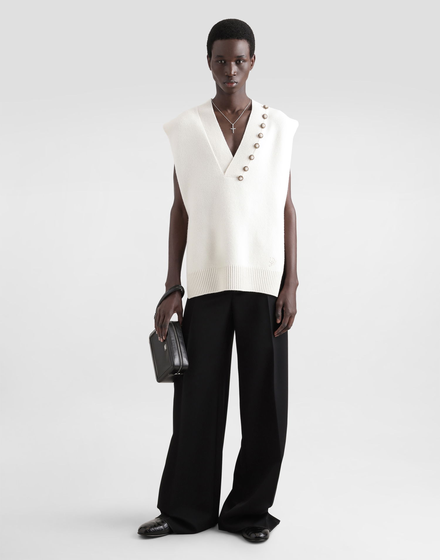 Sweater Dolce & Gabbana Wool V-Neck Vest With Embroidered Logo And Jeweled Buttons Vit | GXT29ZJCVWRW0111, 1