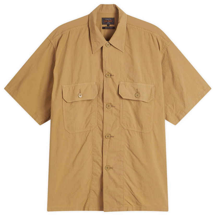 Skjorta BEAMS Beams Plus Textured Ripstop Short Sleeve Shirt, Size Large Beige | 3801-0186-139-24