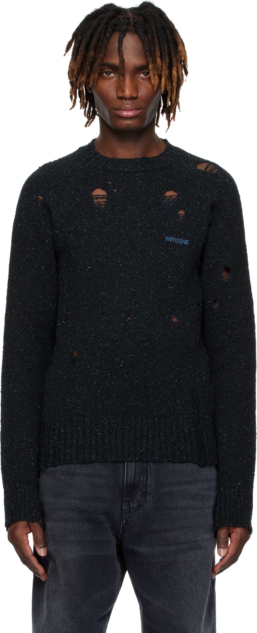 Sweater We11done We11done Distressed Knit Sweater Svart | WD-KT0-25-623-U-NV