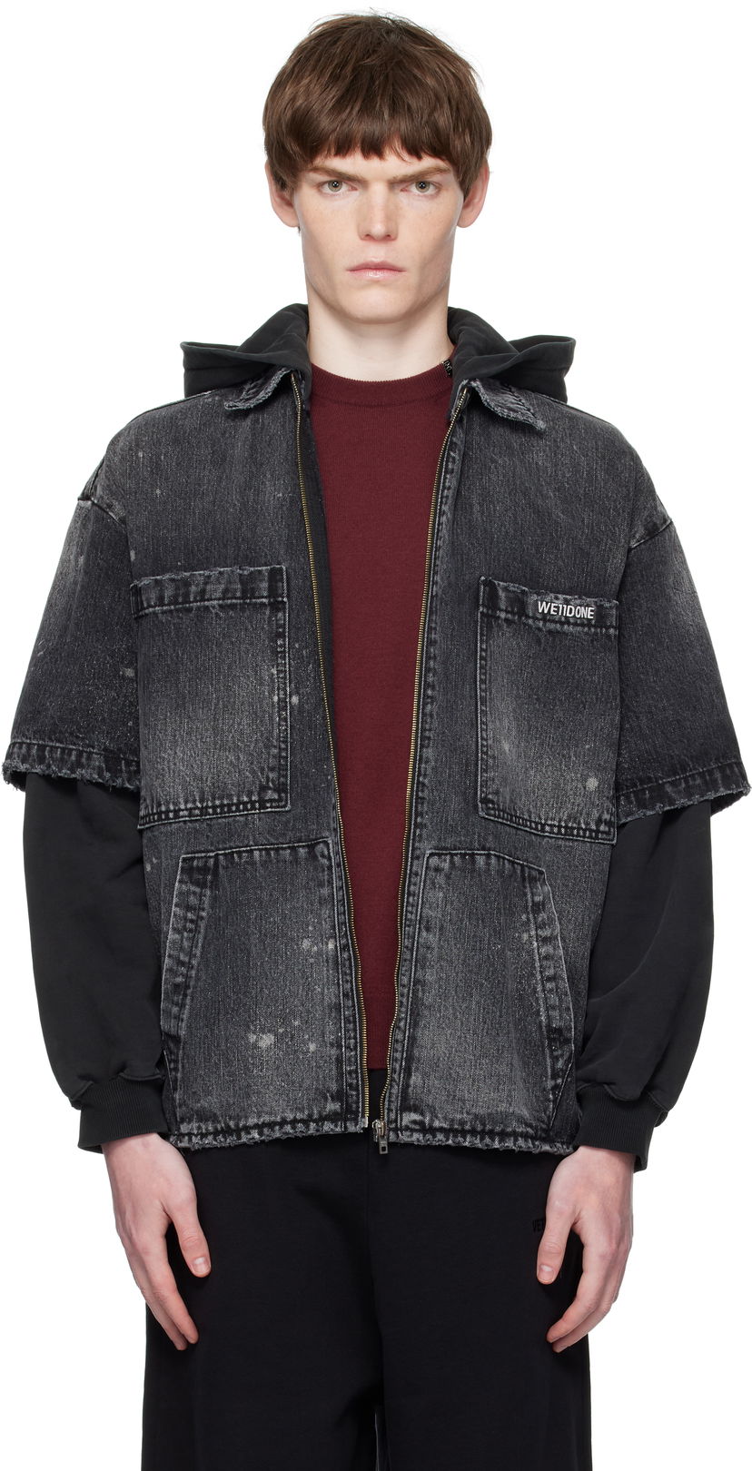 Jacka We11done We11done Faded Layered Hoodie Denim Jacket Svart | WD-DJ2-25-315-M-BK
