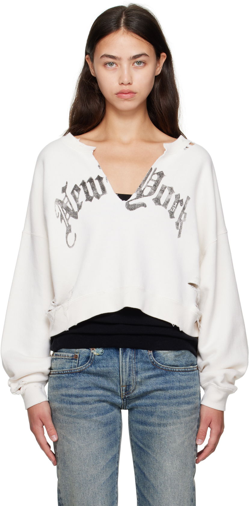 Sweatshirt R13 R13 Cropped Front Slit 'New York' Sweatshirt Vit | R13WK251-K099B