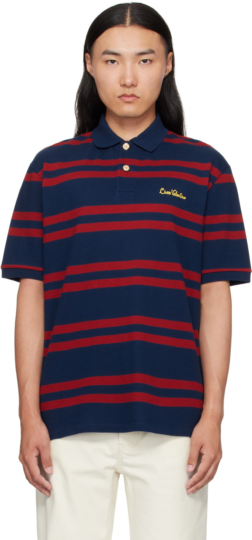 Polotröja Valentino Valentino 'Chez Valentino' Cotton Piqué Polo Mörkblå | 7V3MH04CAYN