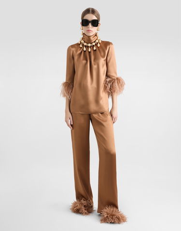 Skjorta Dolce & Gabbana Double Satin Turtle-neck Top With Feathered Detailing Brun | F7AL6TFU1NUM0180, 1