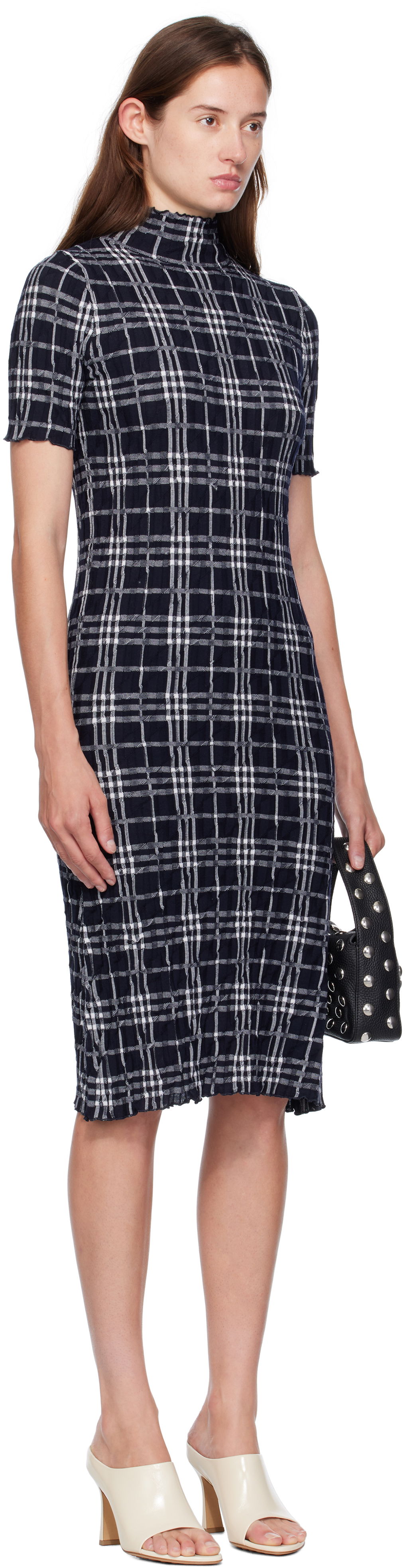 Klä Burberry Burberry Check Wool Blend Midi Dress Mörkblå | 8111428, 1
