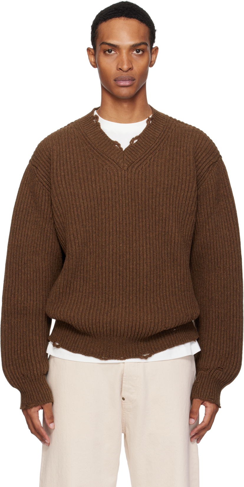 Sweater Maison Margiela MM6 Maison Margiela Ribbed Wool Knit V-Neck Sweater Brun | SH0HN0003 M13138