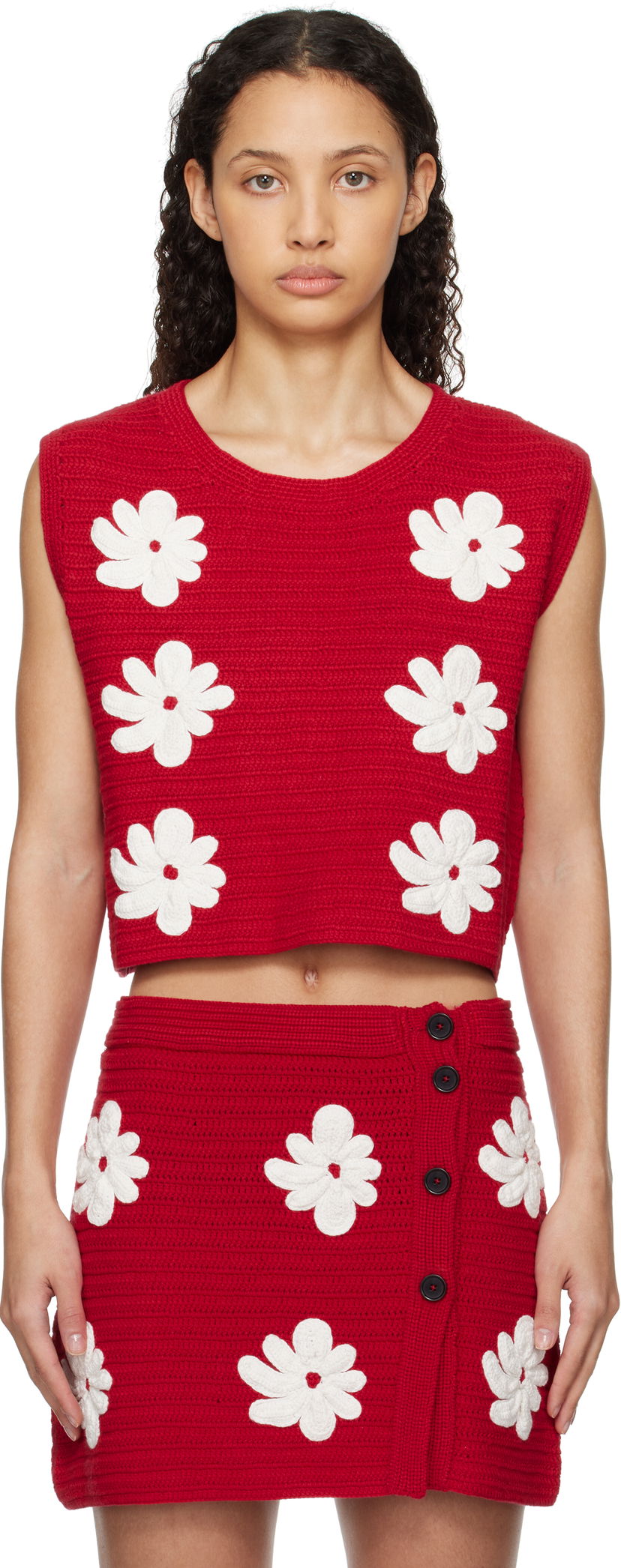 Kjol MSGM MSGM Crocheted Flower Appliqué Sweater Vest Röd | 3841MDT194 257286