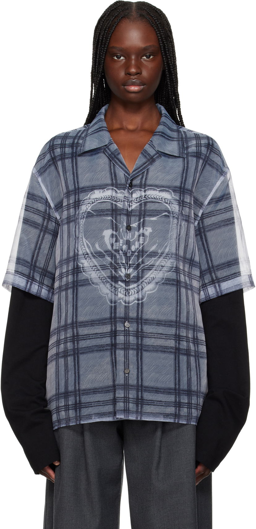 Skjorta We11done We11done Heart Layered Check Pattern Shirt Grå | WD-SH1-25-176-U-GY