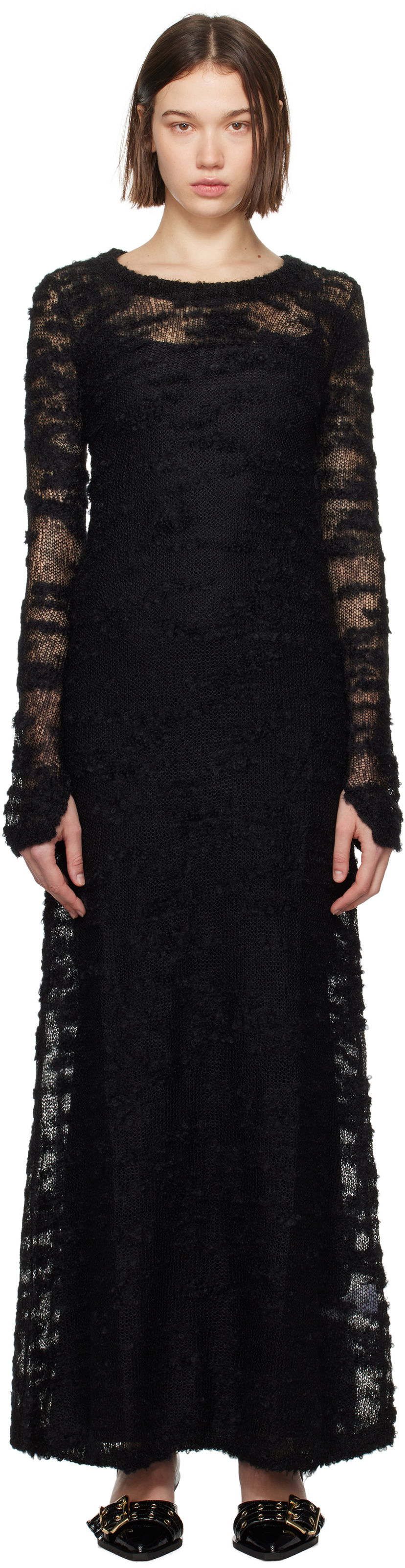 Klä GANNI Bouclé Long Sleeve Maxi Dress Svart | K2329