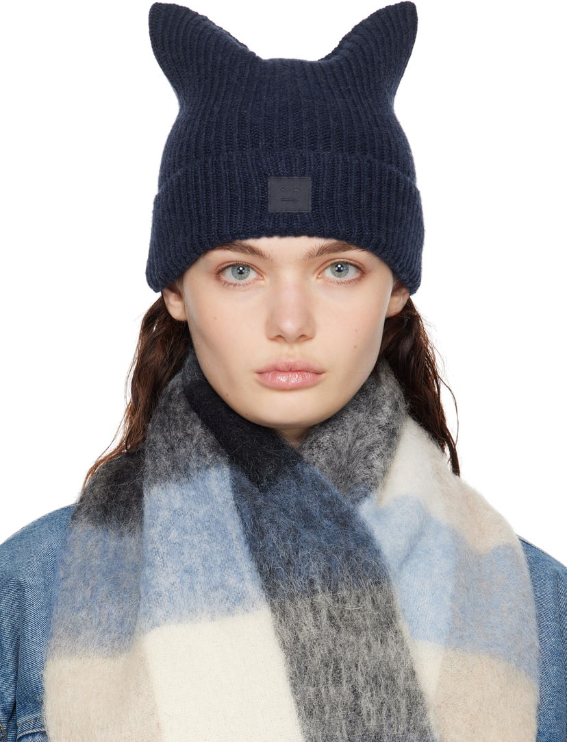 Mössa Acne Studios Acne Studios Knit Cat-Ear Beanie with Face Logo Mörkblå | C40392-
