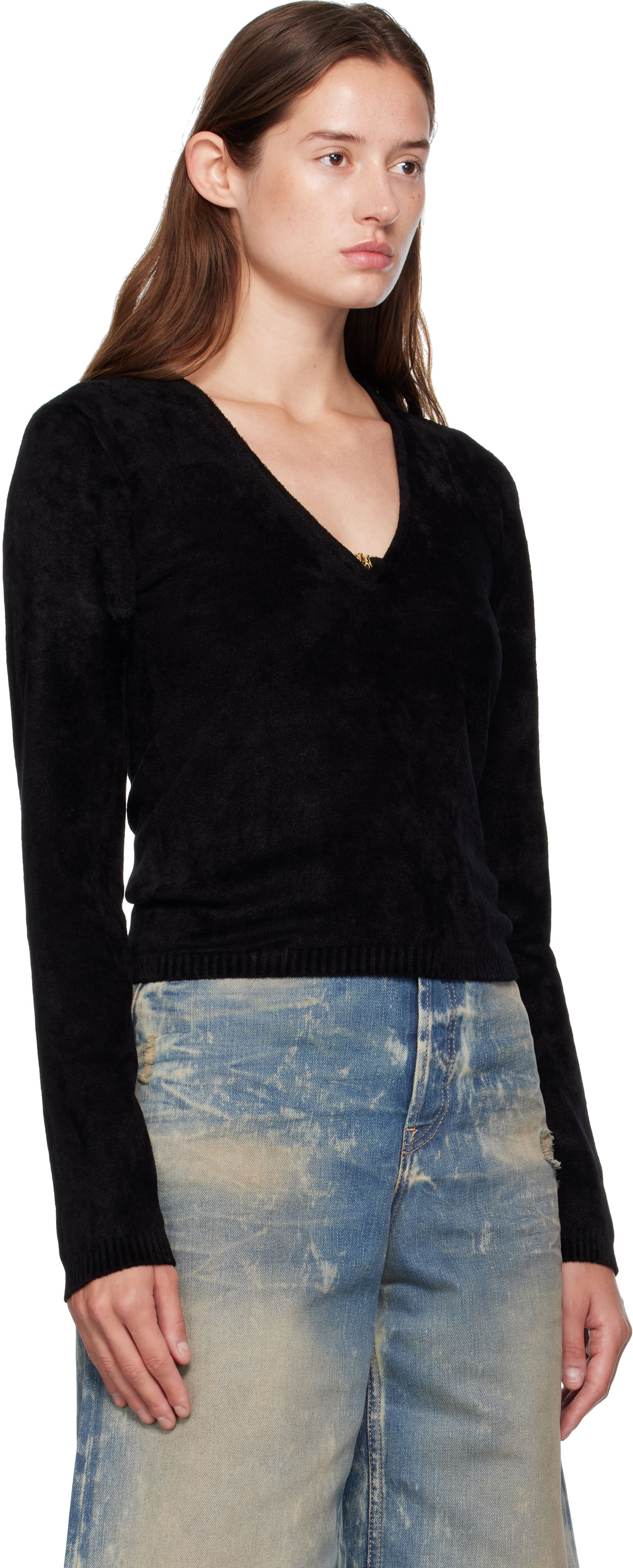 Sweater AMIRI AMIRI Velvet V-Neck Long Sleeve Top Svart | AWKNLS1008, 1