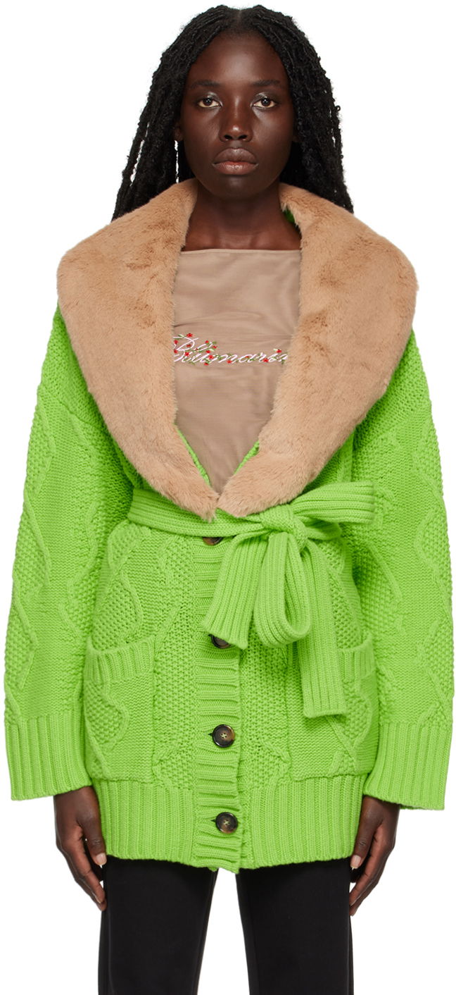 Jacka Blumarine Faux Fur Collar Cable Knit Cardigan Grön | 2 M220A