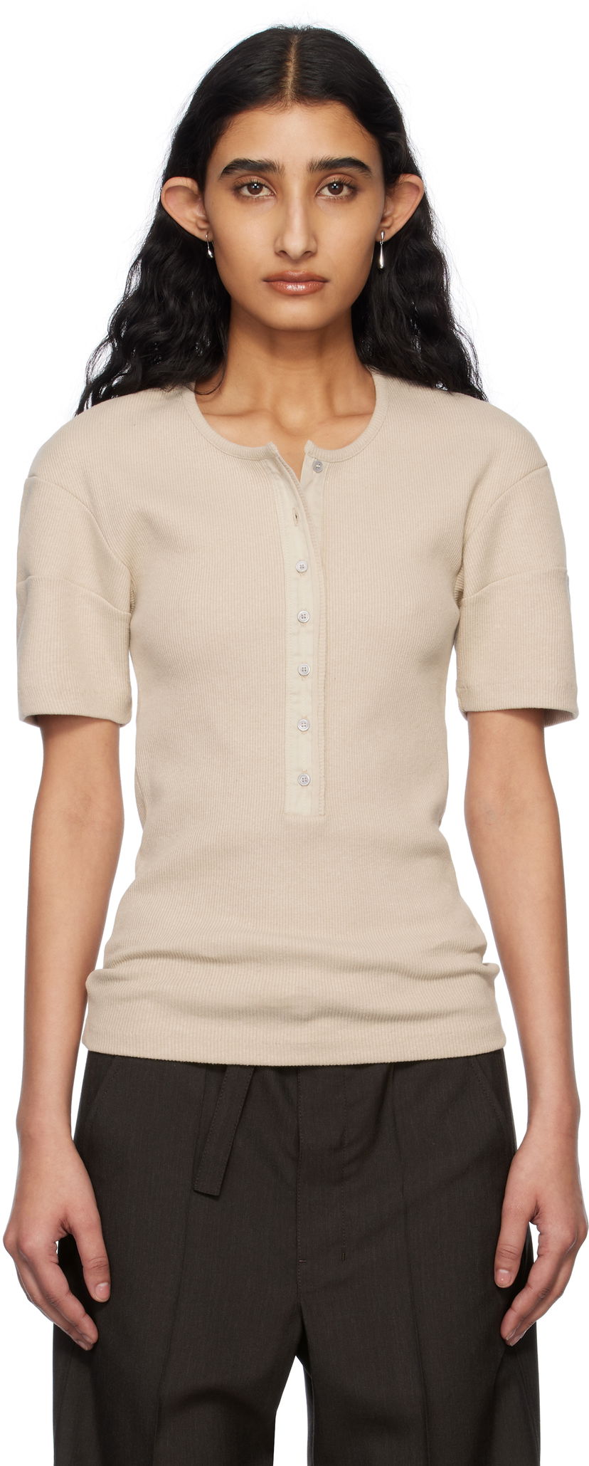 T-shirt LEMAIRE Lemaire Fitted Henley T-Shirt Beige | TO1350 LJ1030