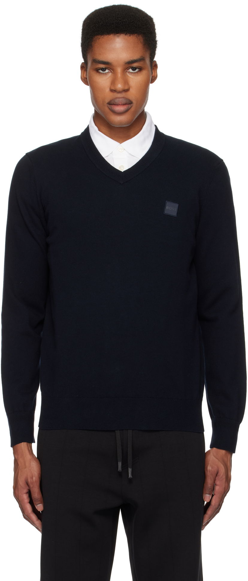 Sweater BOSS V-Neck Logo Patch Sweater Mörkblå | 50534120