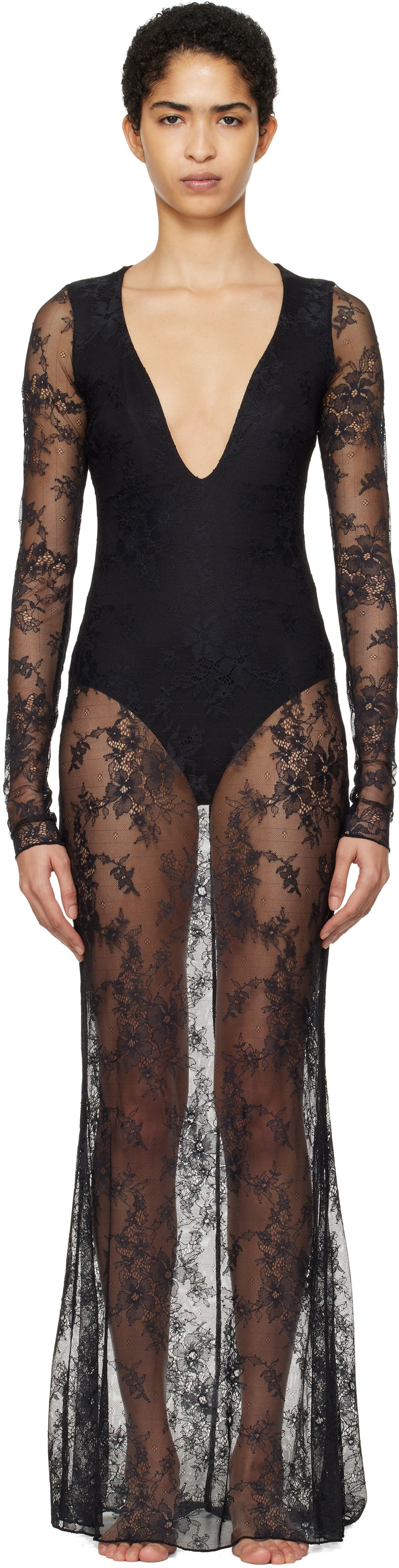 Klä SKIMS SKIMS Ultra Fine Lace Plunge Maxi Dress Svart | DS-DRS-6473W