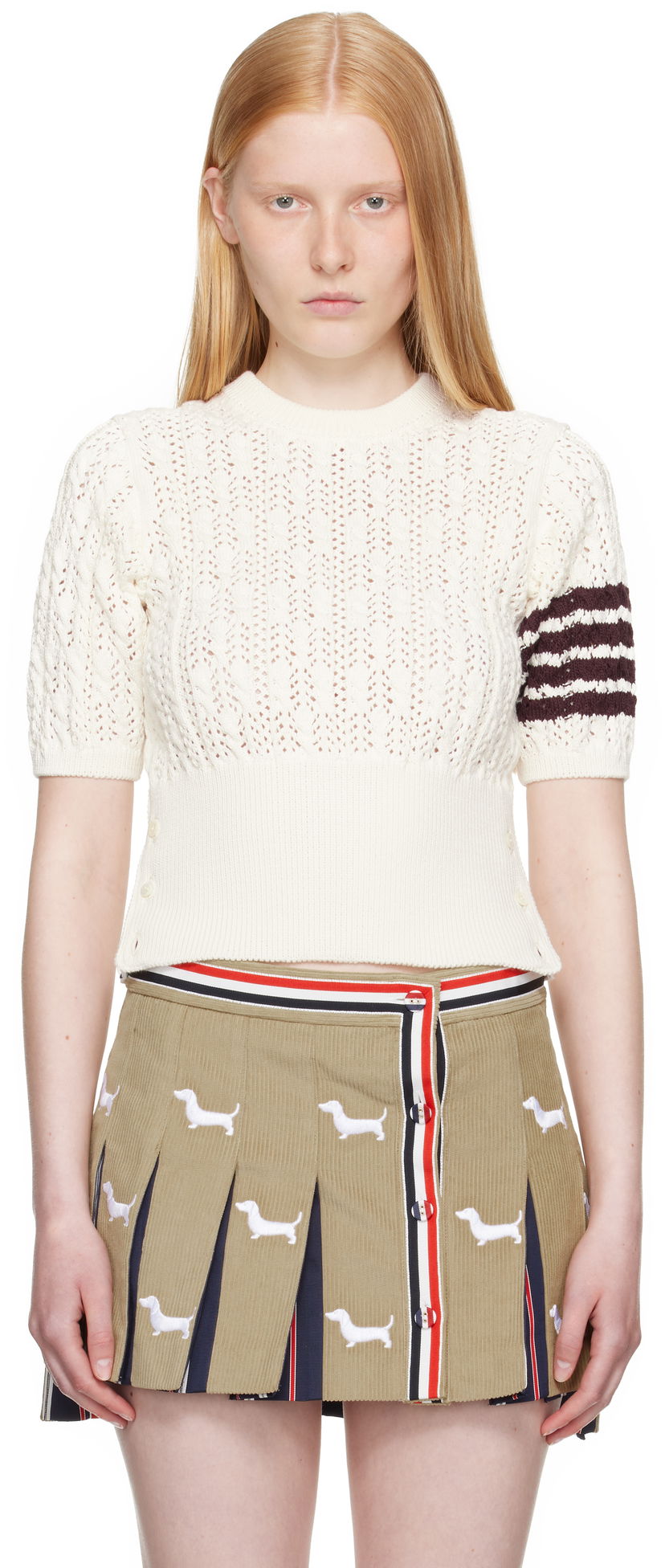 Sweater Thom Browne Thom Browne Pointelle Cable Stitch 4-Bar Sweater Vit | FKA495A-Y3017