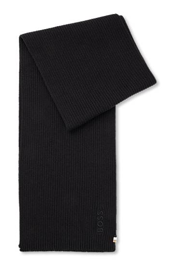 Halsduk BOSS Ribbed Cotton-Blend Scarf with Logo Detail Svart | 50522441