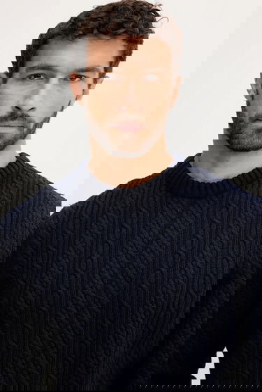 Sweater Barbour Barbour Cable Knit Sweater Mörkblå | MKN1679, 3