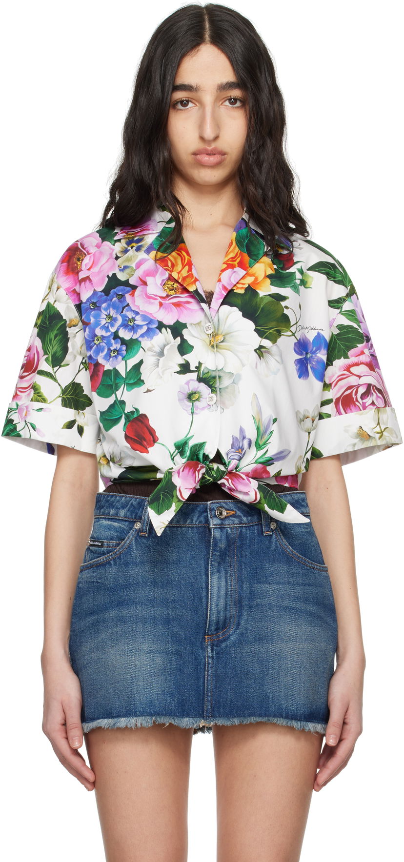 Skjorta Dolce & Gabbana Dolce&Gabbana Floral Print Tie-Front Shirt Vit | F5T30T HS5S6
