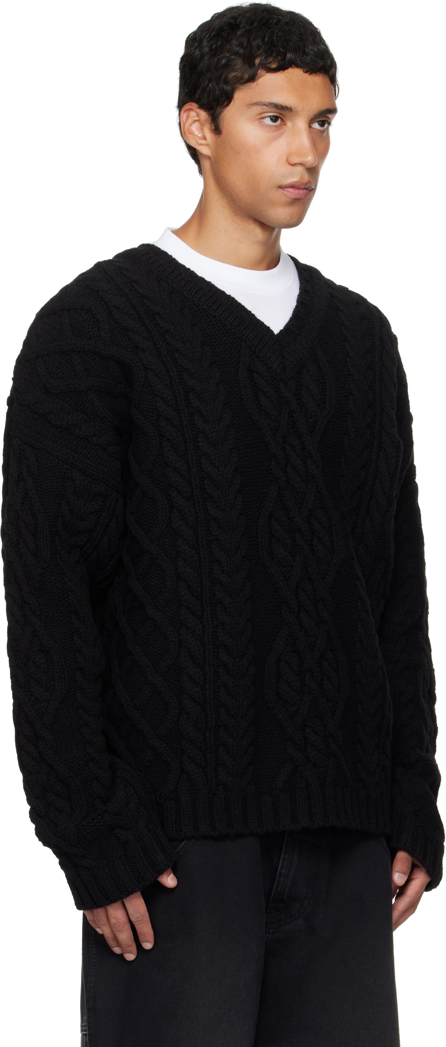 Sweater VETEMENTS VETEMENTS Cable Knit V-Neck Sweater Svart | UH76KN600B, 1