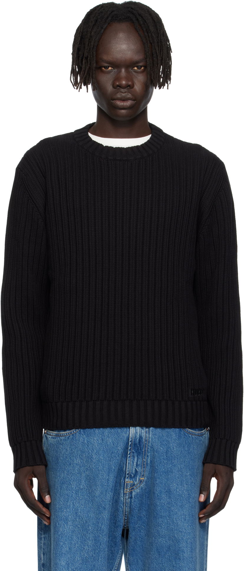 Sweater BOSS Hugo Embroidered-Logo Ribbed Knit Sweater Svart | 50546863