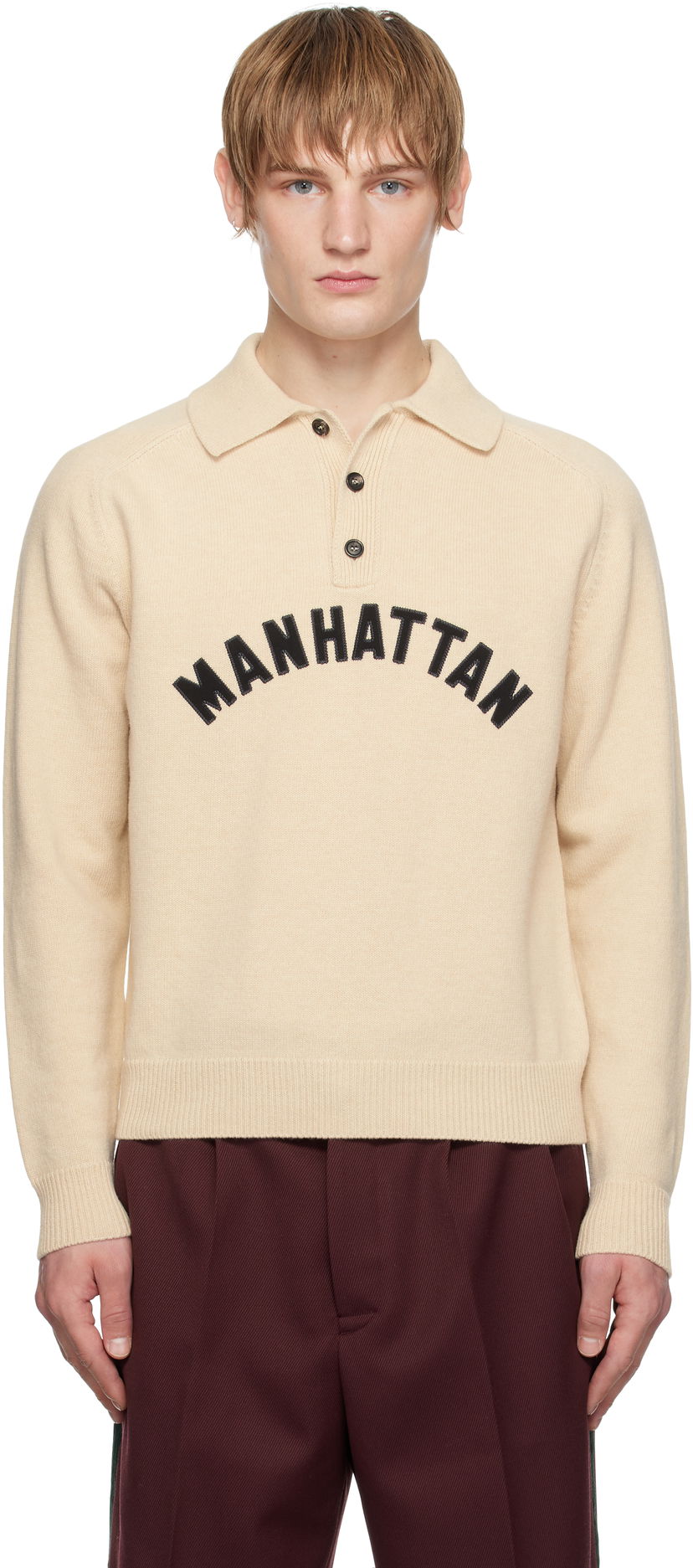 Sweater Bode Knit Polo with Embroidered Logo Beige | MRF24KT008