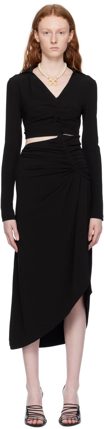 Klä Off-White Black Ruched Midi Dress Svart | OWDB455S23FAB0011000