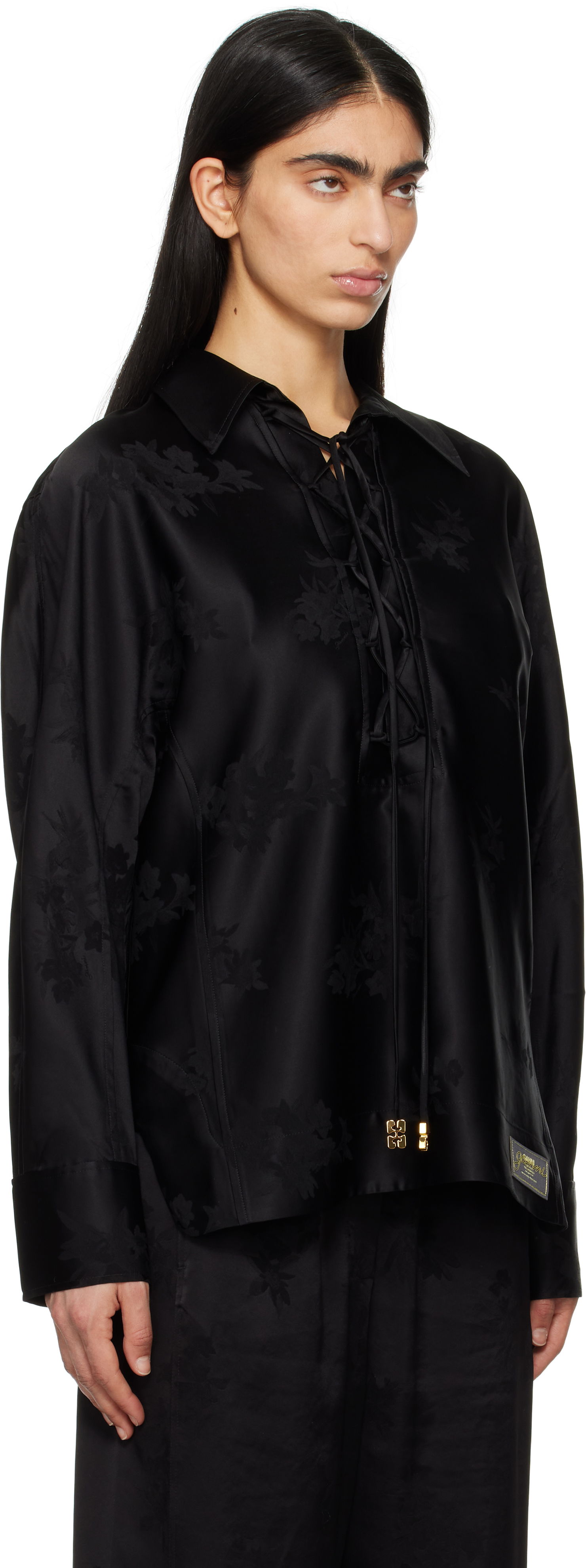 Skjorta GANNI GANNI Satin Jacquard Tie-String Shirt Svart | W0359, 1