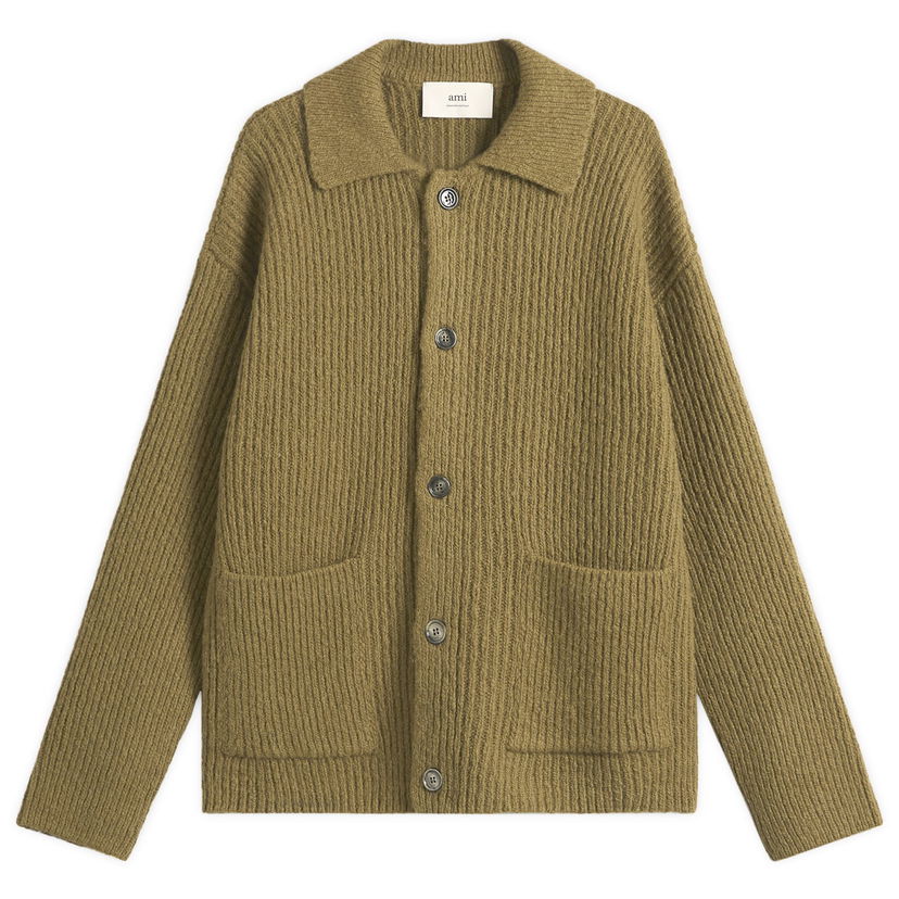 Sweater AMI Felted and Chunky Wool Ribbed Knit Cardigan, Size Large Grön | H25HKC354-KN0112-298H25