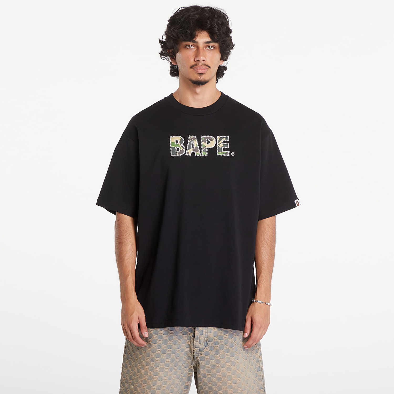 T-shirt BAPE A BATHING APE Rhinestone Logo Relaxed Fit Short Sleeve Tee Black Svart | 001CSK801307M BLK, 0