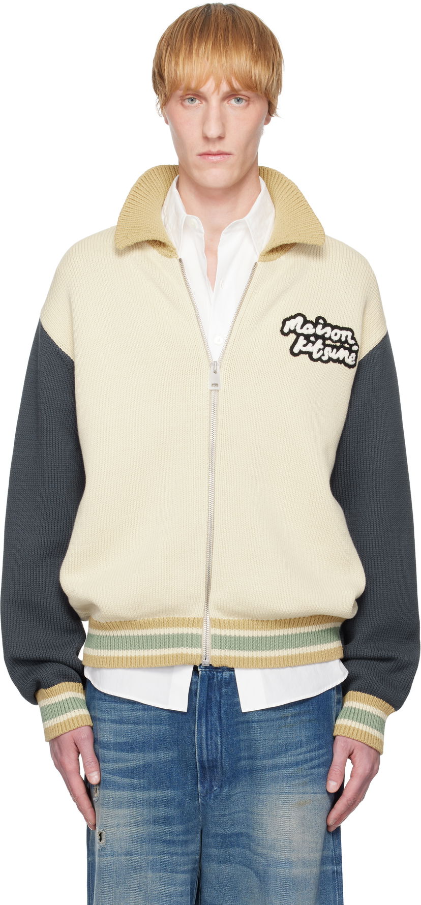 Sweater MAISON KITSUNÉ Maison Kitsuné Knitted College Bomber Jacket Beige | OM02131KT1139