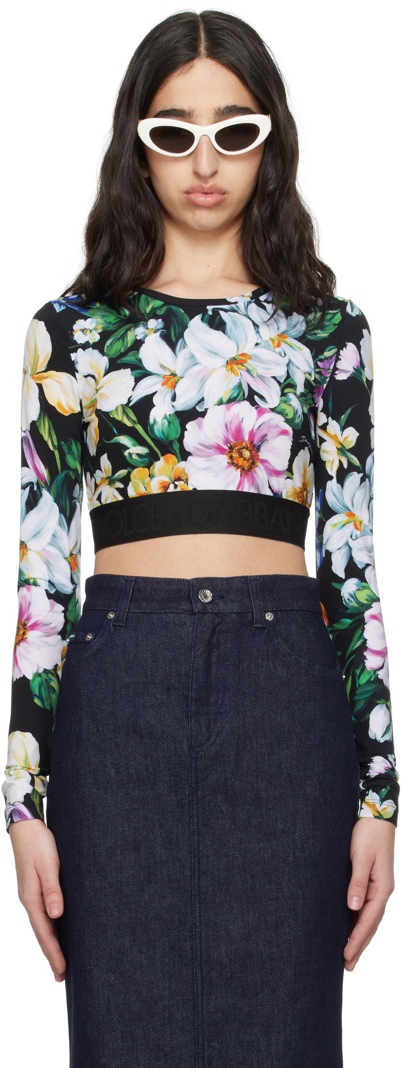 Crop top Dolce & Gabbana Dolce&Gabbana Floral Print Activewear Crop Top Svart | F8N51T FSG8L