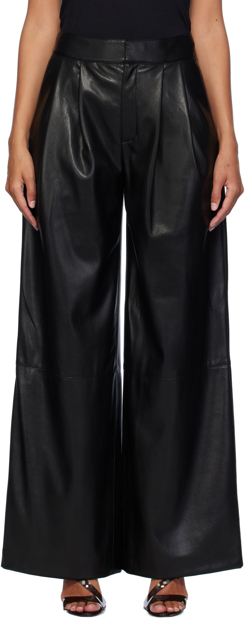 Byxor BOSS Pleat-Front Relaxed-Fit Faux-Leather Trousers Svart | 50518463