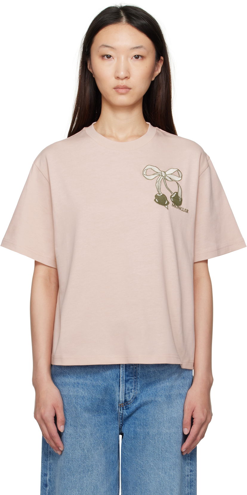 T-shirt Moncler Moncler Embroidered Cherry Logo Cotton T-Shirt Rosa | K20938C0001189AUG