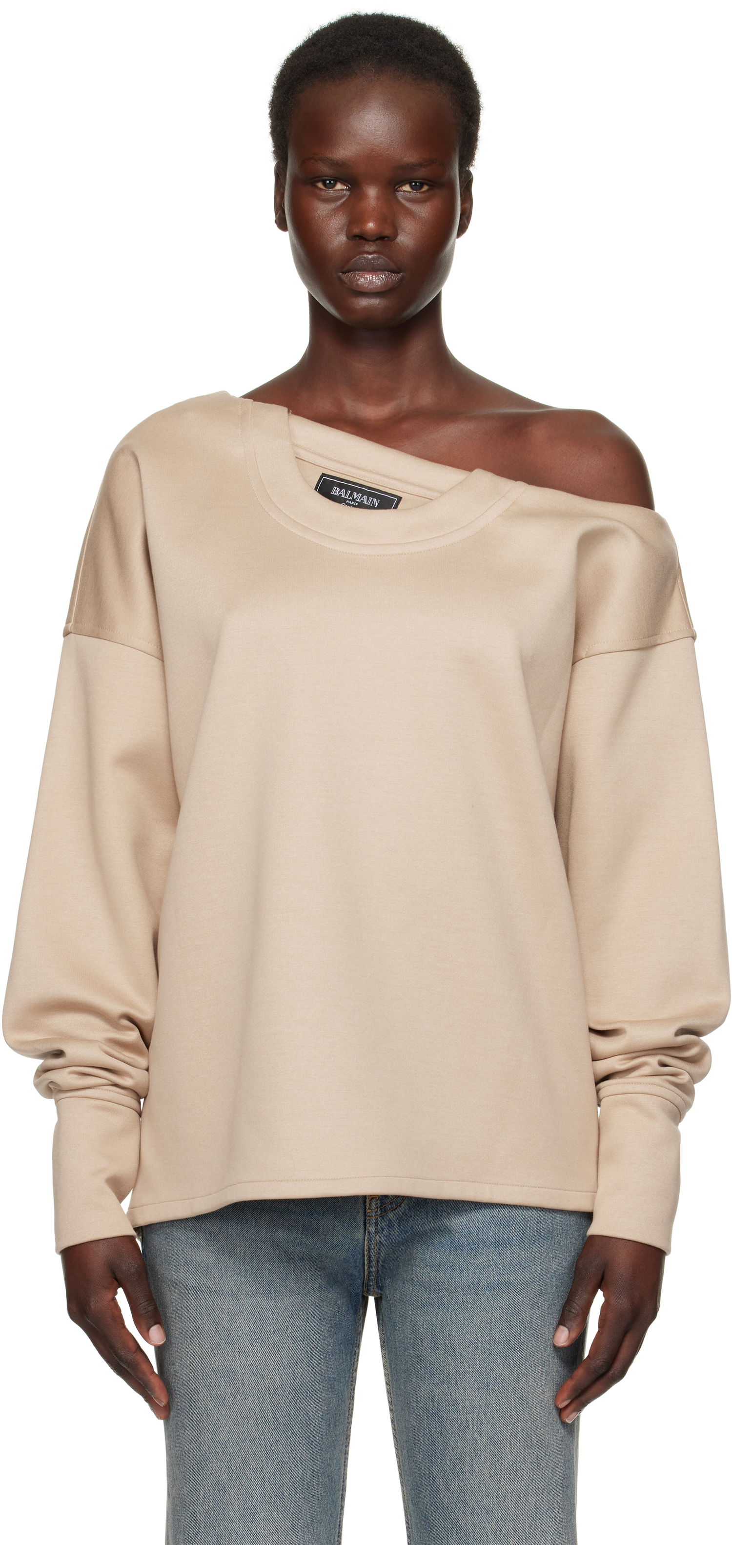 Sweater Balmain Balmain Asymmetrical Jersey Off-The-Shoulder Sweatshirt Beige | EF1HU301JJ69, 0