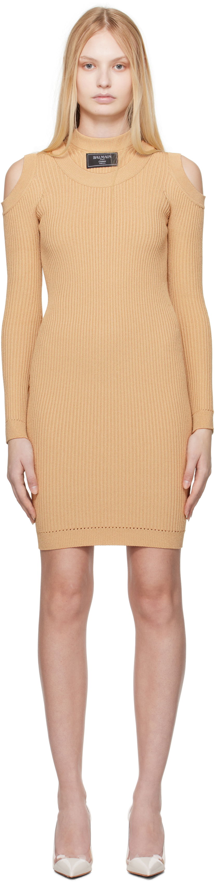 Klä Balmain Balmain Shoulder Cut Knit Minidress Beige | EF1R8291KI10