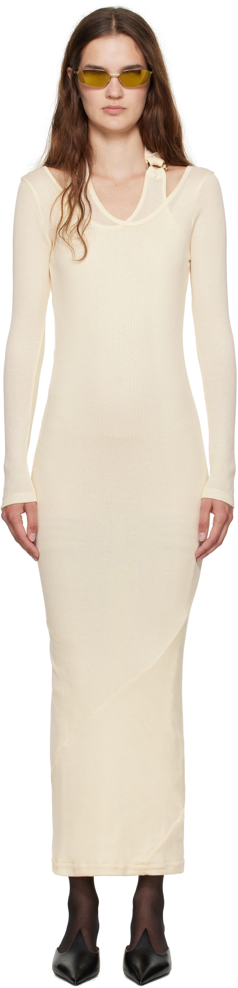 Klä Jean Paul Gaultier Jean Paul Gaultier Ribbed Twisted Double Layer Midi Dress Beige | 25/03-W-DR014-J000-03