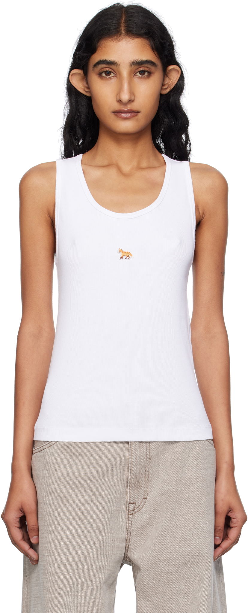 Linne MAISON KITSUNÉ Maison Kitsuné 'Baby Fox' Ribbed Tank Top Vit | PW00623KA0033