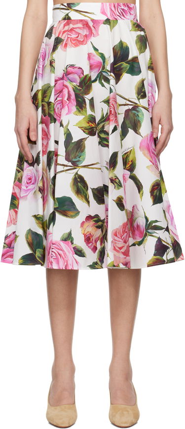 Kjol Dolce & Gabbana Dolce&Gabbana Rose-Print Cotton Circle Midi Skirt Vit | F4C1XT HS5S4, 0