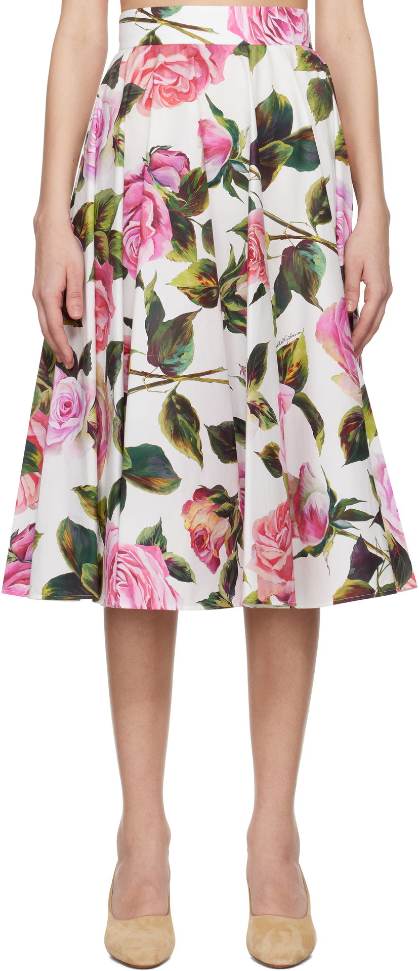 Kjol Dolce & Gabbana Dolce&Gabbana Rose-Print Cotton Circle Midi Skirt Vit | F4C1XT HS5S4