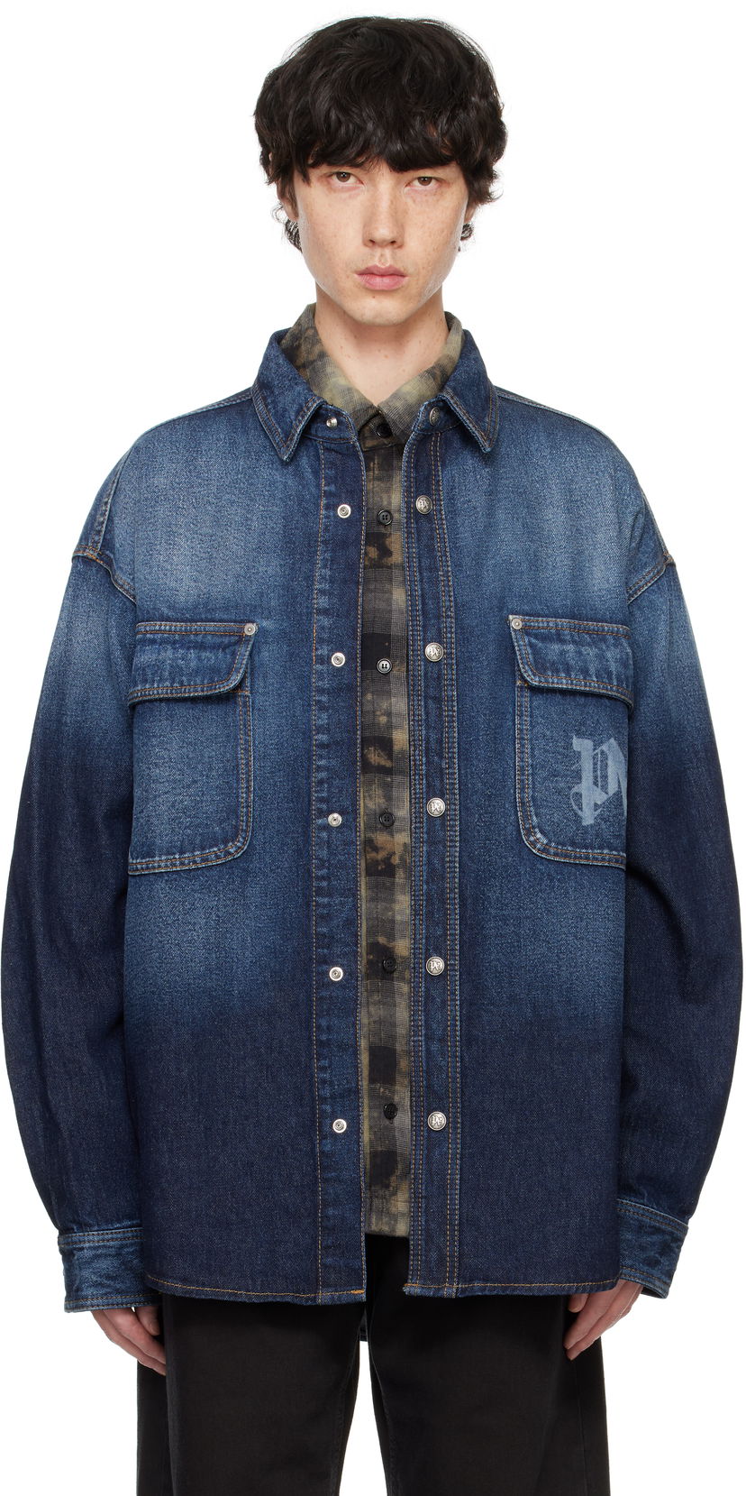 Skjorta Palm Angels Monogram Denim Overshirt Blå | PMYD020F24DEN0014503