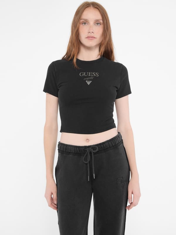 Crop top GUESS Triangle Logo Fitted T-Shirt Svart | W4BI05J1314