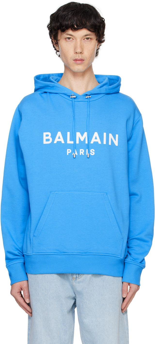 Sweatshirt Balmain Hoodie With Print Blå | DH0JR002BB65