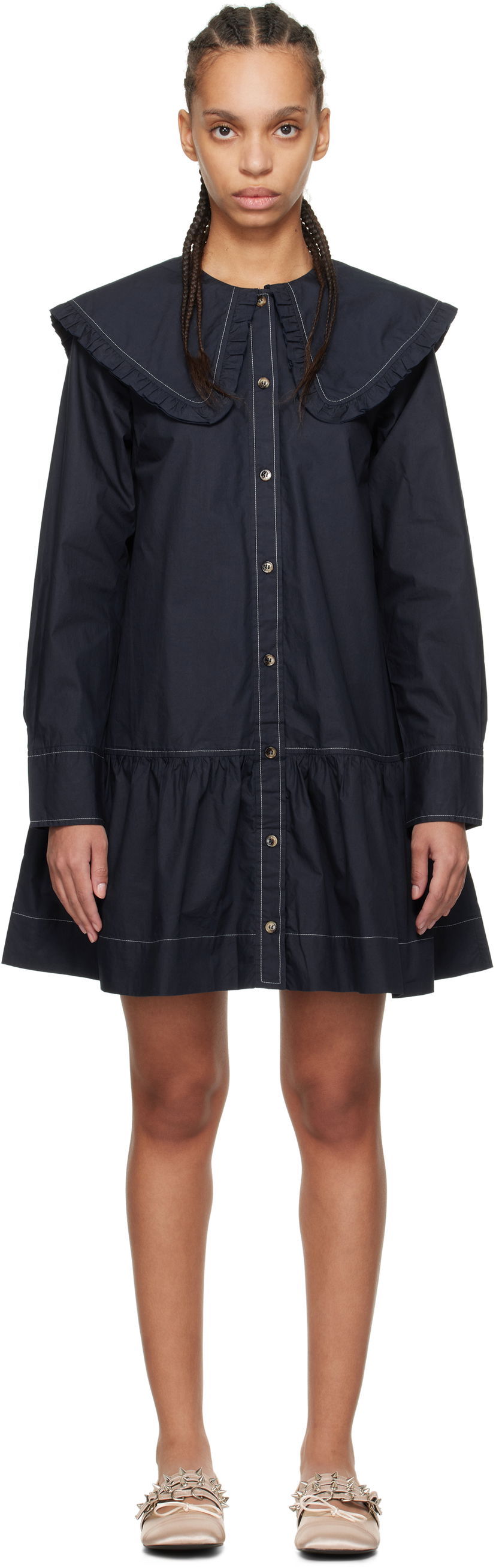Klä GANNI Ganni Ruffle Collar Drop Waist Minidress Mörkblå | W0157