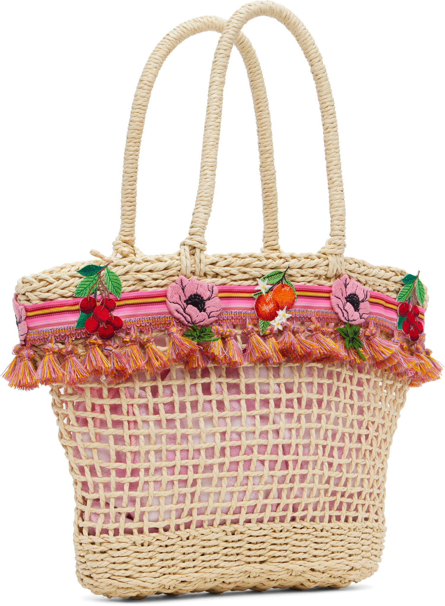 Tygpåse Anna Sui Anna Sui Raffia Tassel Tote Bag with Fruit Embroidery Beige | 225A92, 1