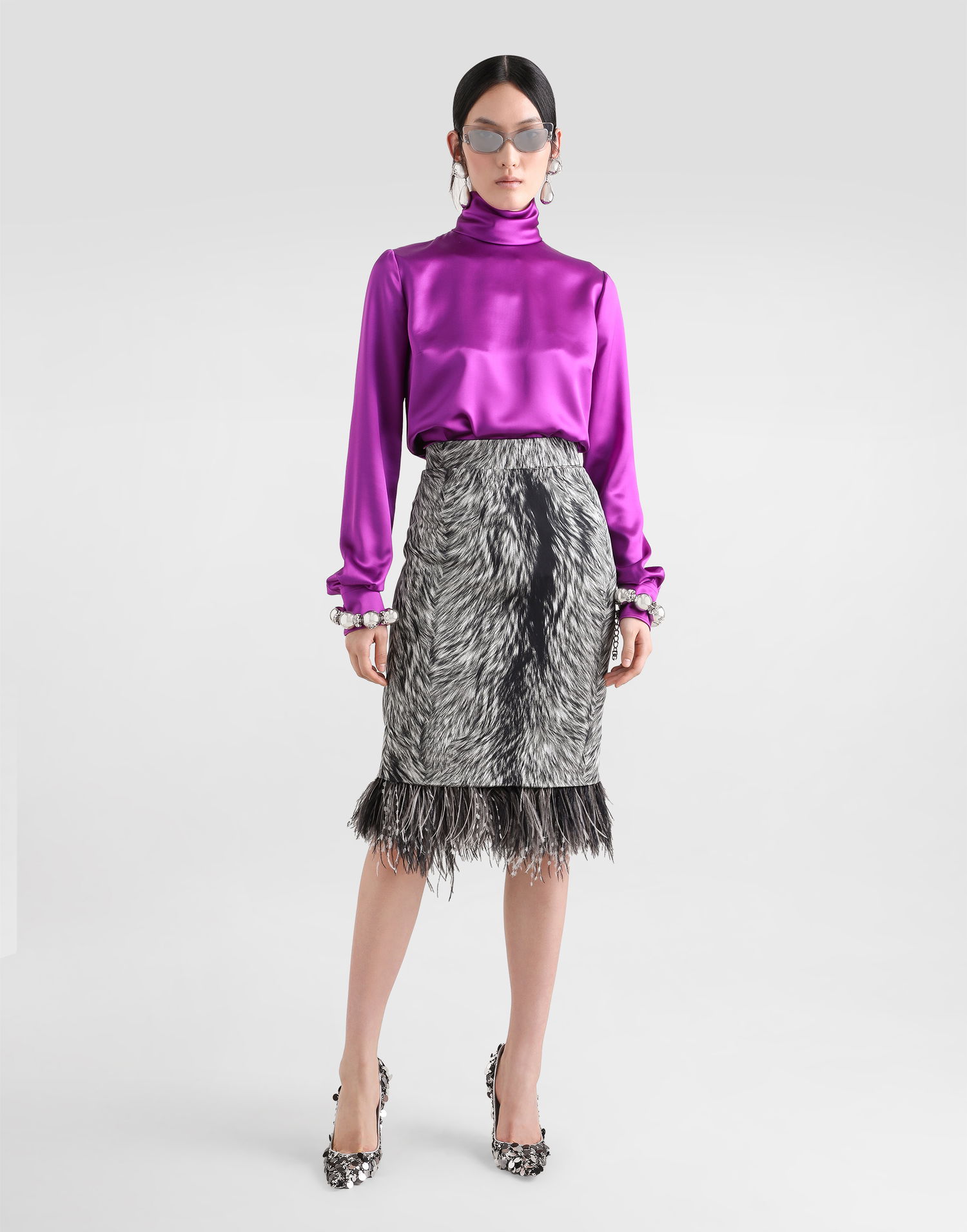 Kjol Dolce & Gabbana Calf-length Pencil Skirt With Fur Print And Feathered Detailing Grey Grå | F4C1ITFSA71HI3VQ, 1