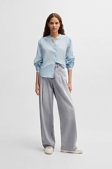 Skjorta BOSS Cotton Voile Regular-Fit Blouse with Wide Sleeves Blå | 50509827, 1