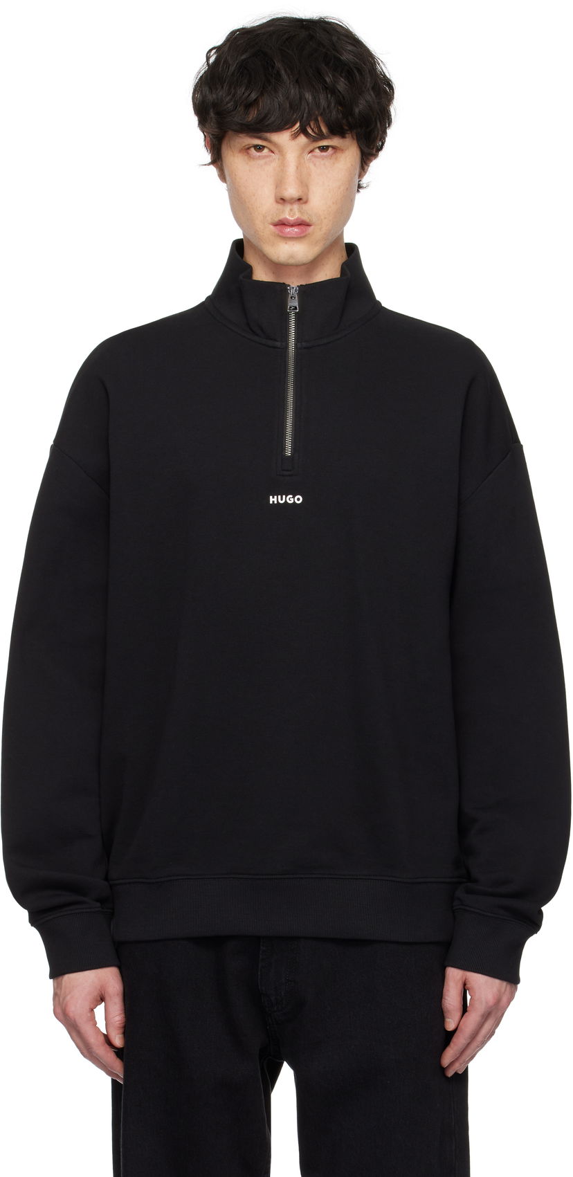 Sweatshirt BOSS Hugo Logo Print Cotton-Terry Zip-Neck Sweatshirt Svart | 50525881
