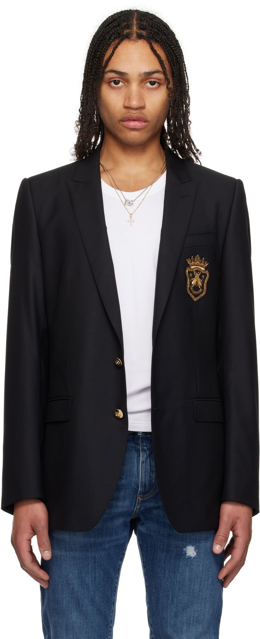 Jacka Dolce & Gabbana Dolce&Gabbana Single-Breasted Wool & Silk Blazer with Patch Svart | G2LK0ZFU3H1
