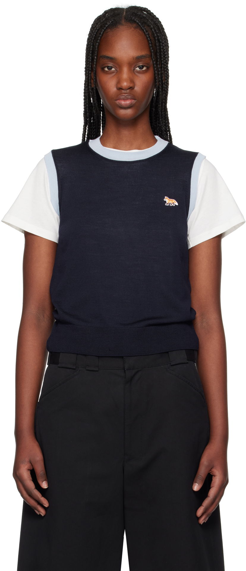 Sweater MAISON KITSUNÉ Maison Kitsuné Bi-Color Knitted Tank Top with Baby Fox Patch Mörkblå | OW00603KT1136