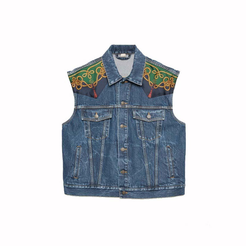 Väst Gucci Silk Scarf-Panelled Denim Vest Blue Blå | 692269 XDBYH 4447